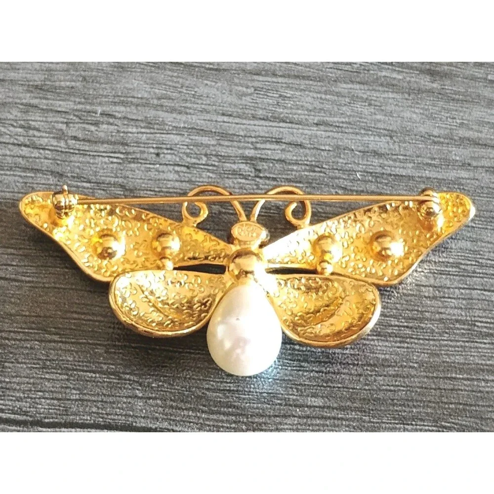 Joan Rivers Butterfly Red Green Purple Enamel Rhinestone Faux Pearl Brooch Vint